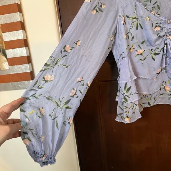 INTERMIX | Lavender Purple Floral Silk Ruffled Babydoll Shirt tie bust | size 8 - Picture 4 of 6